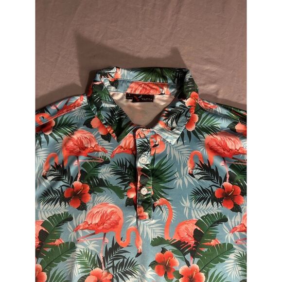 Yatta Golf Polo Shirt Mens Large Blue Pink Flamingo Floral Palm Print Hawaiian - Picture 2 of 5